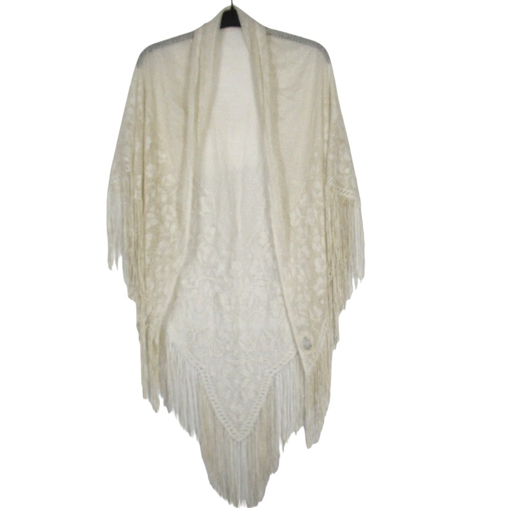 VTG SALLY GEE White w/GOLD METALLIC Floral Eyelet Crochet EVENING WRAP SHAWL OS